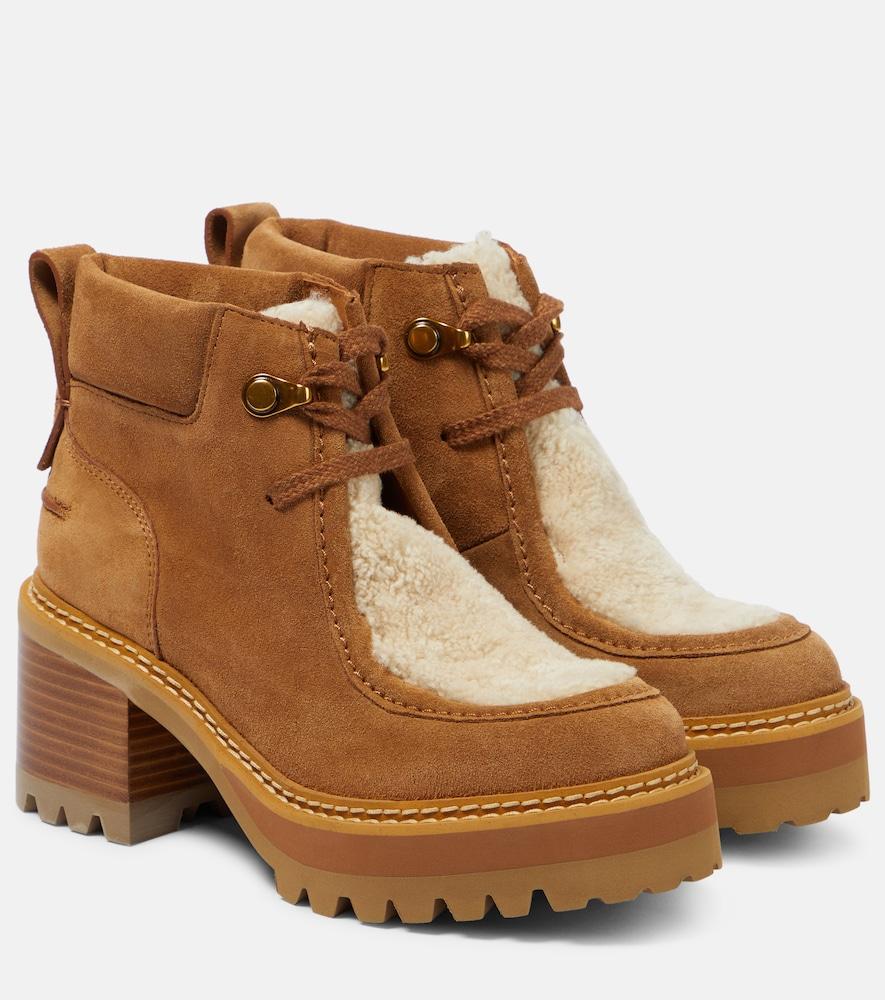 see by chloé shearling-trimmed suede ankle boots