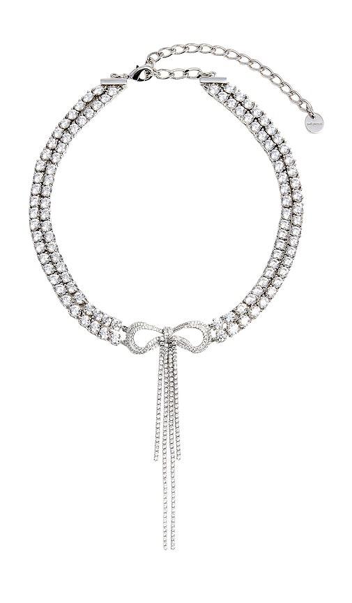 self-portrait double crystal bow choker in metallic silver.