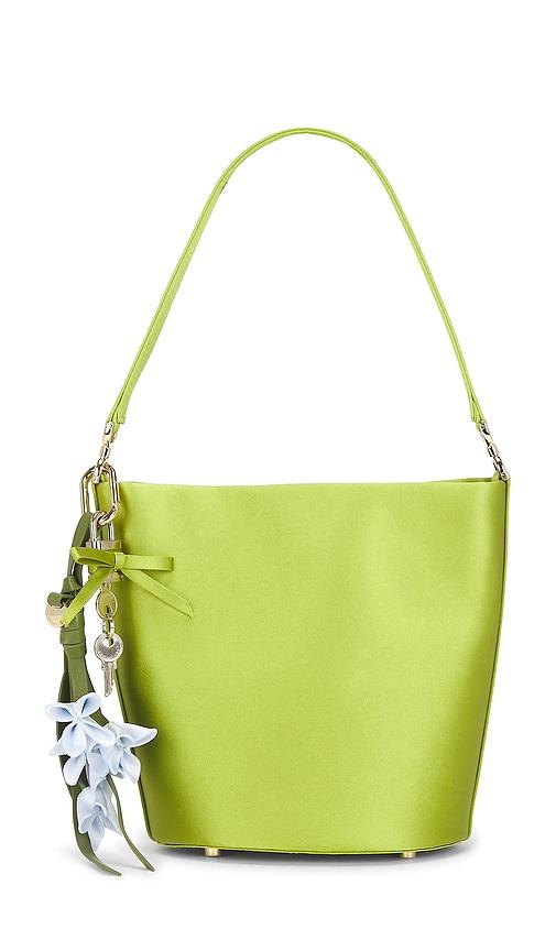 self-portrait green satin bucket bag in green.