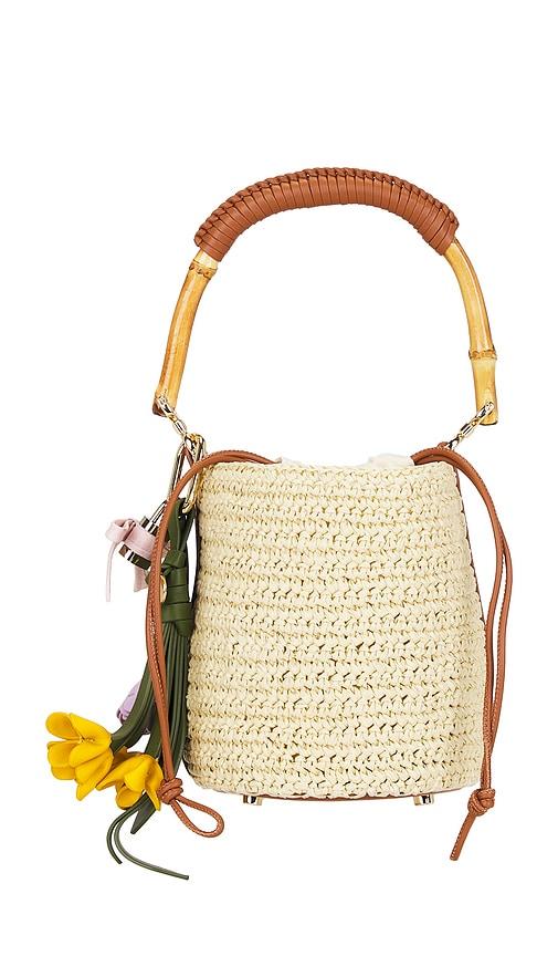 self-portrait soft raffia bucket bag in neutral.