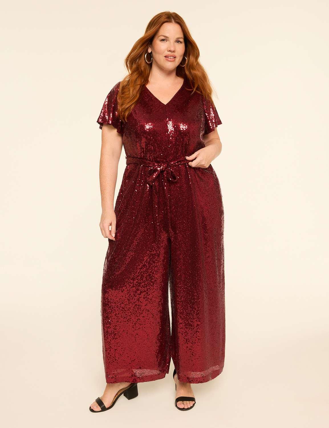 sequin flutter-sleeve wide leg jumpsuit