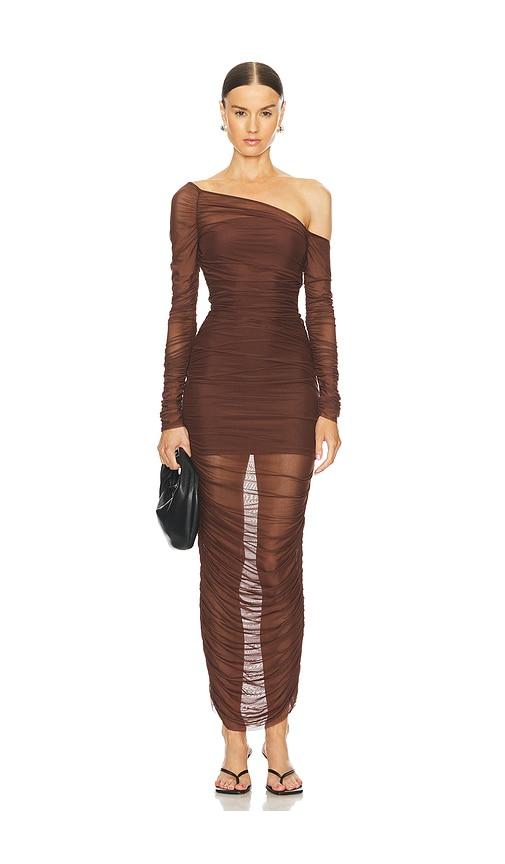 seroya chantae mesh dress in chocolate. - size xs (also in xxs)