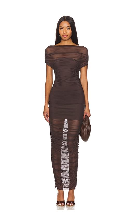seroya noel off shoulder mesh midi dress in chocolate. - size l (also in xs)