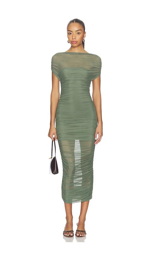 seroya noel off shoulder mesh midi dress in sage. - size l (also in xs, s)
