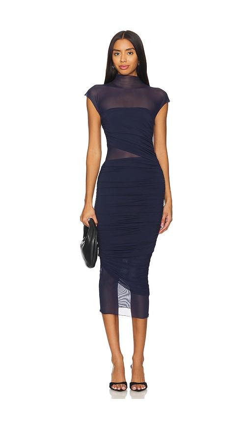 seroya tabitha mesh ruched midi dress in navy. - size l (also in m, s, xl, xs, xxs)