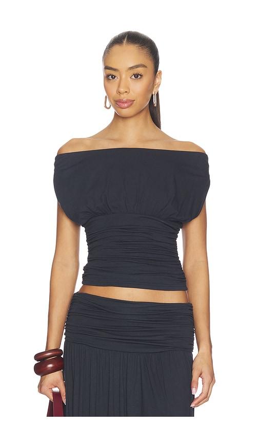 seven wonders avanni off shoulder ruched top in navy. - size m (also in xs, s)