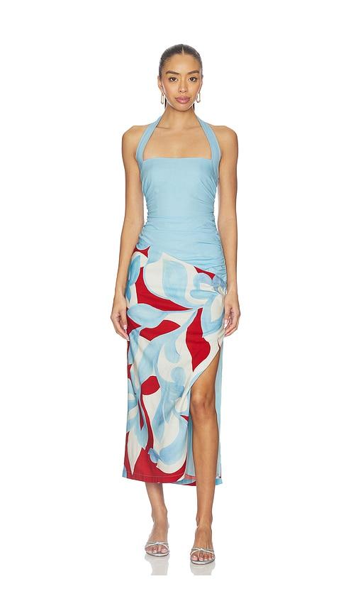 seven wonders evie halter ruched midi dress in blue,red. - size s (also in xs)