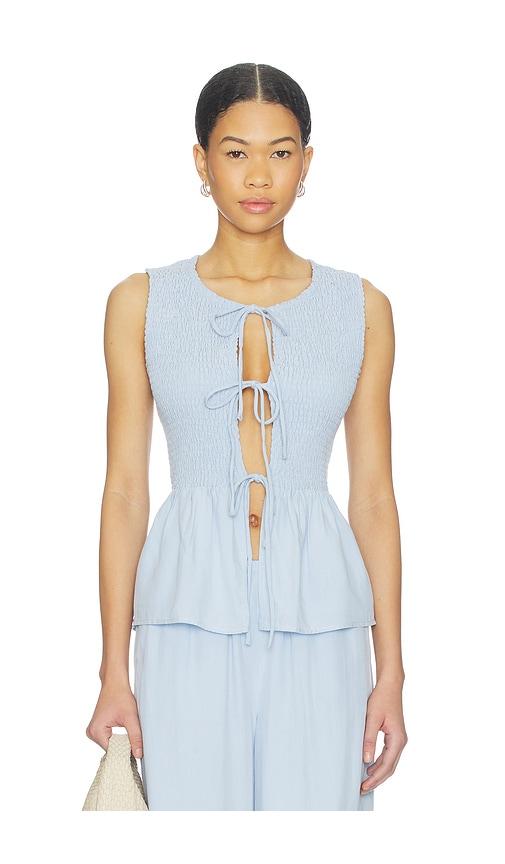 seven wonders fleur shirred tie in front top in baby blue. - size l (also in s, xs, m, xl)