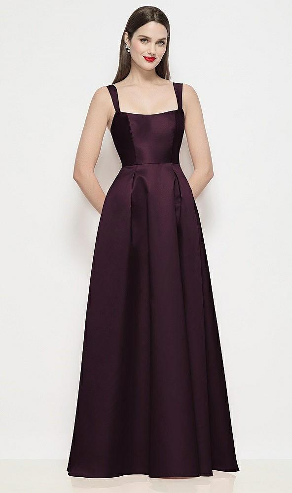 shaped strap basque neck satin maxi dress with pleated skirt