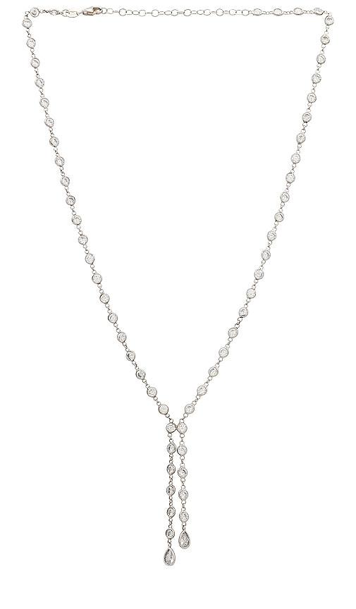 shashi bezel lariat necklace in metallic silver.