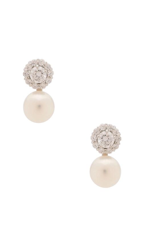 shashi halo stud pearl drop earring in metallic silver.