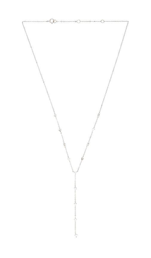 shashi solitaire station lariat necklace in metallic silver.