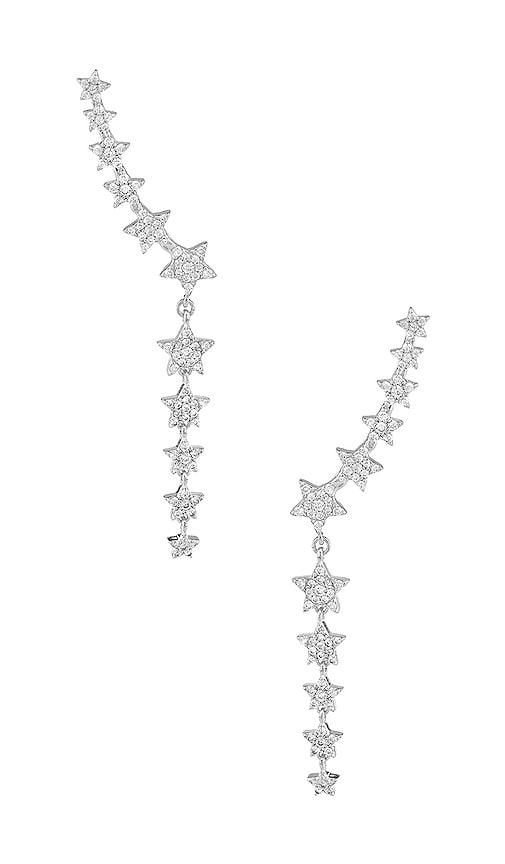 shashi star disco climber earrings in metallic silver.
