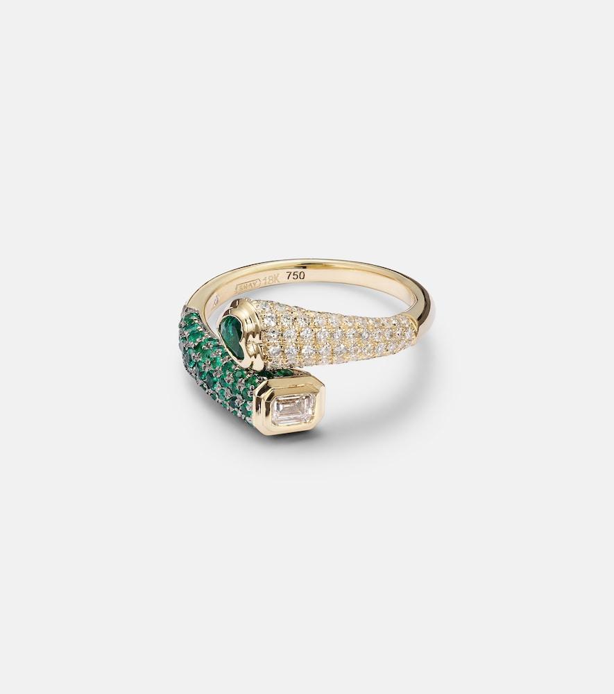 shay jewelry mixed bypass 18kt gold ring with emeralds and diamonds