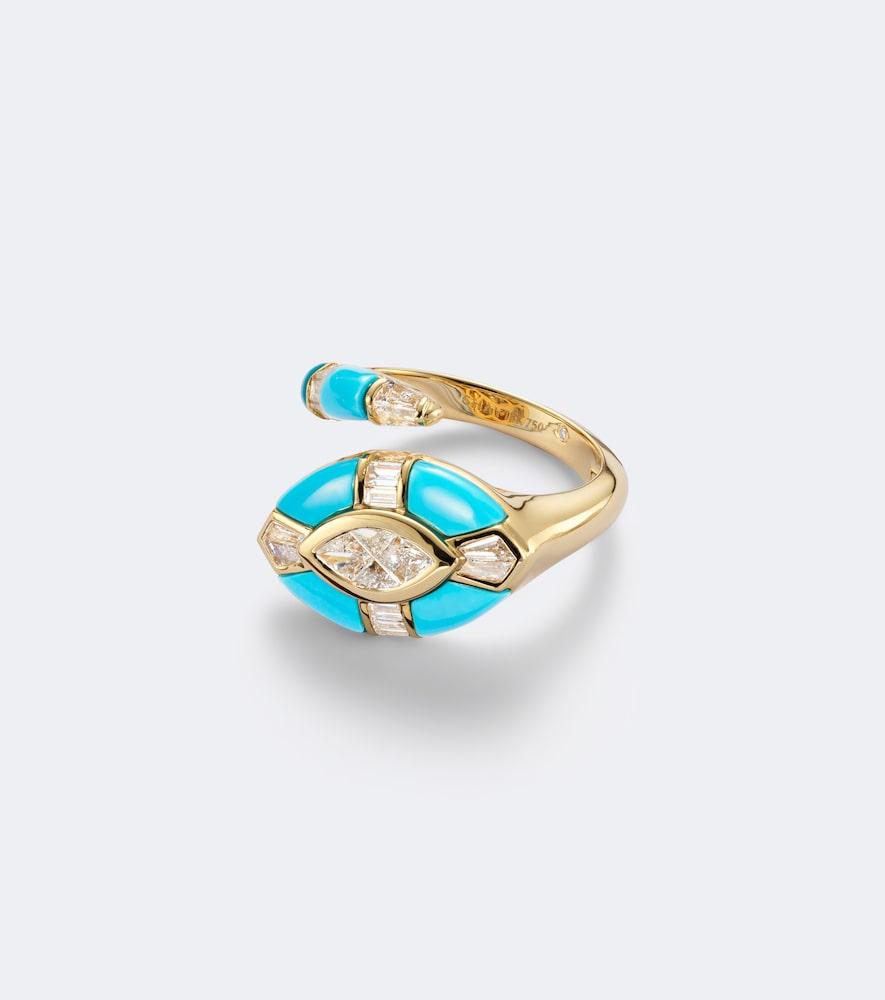 shay jewelry riviera 18kt gold pinky ring with diamonds and turquoise