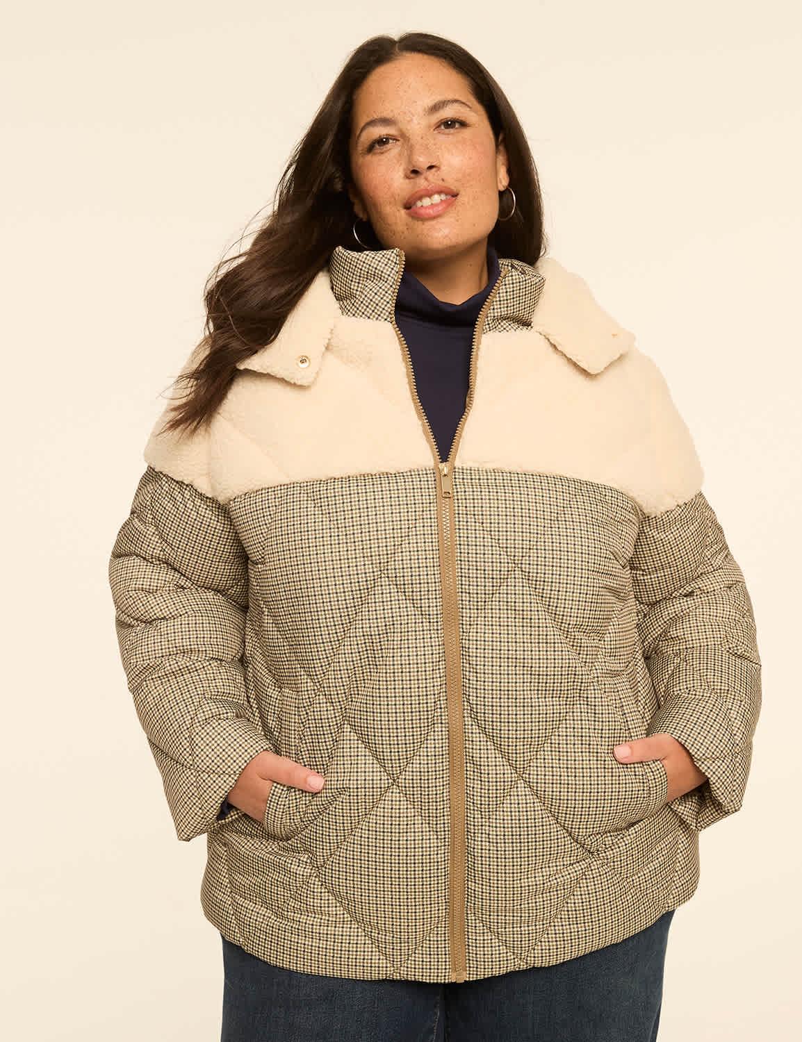 sherpa mixed-media plaid puffer coat