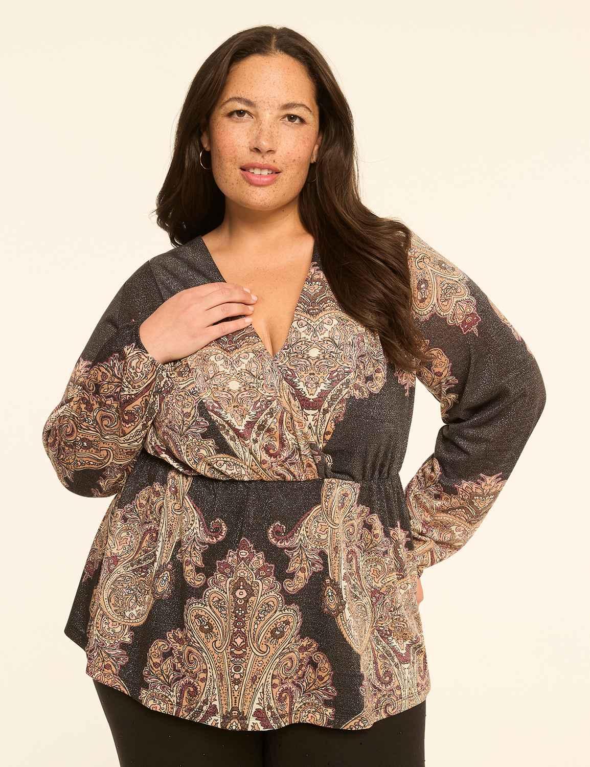 shimmer faux-wrap peplum top