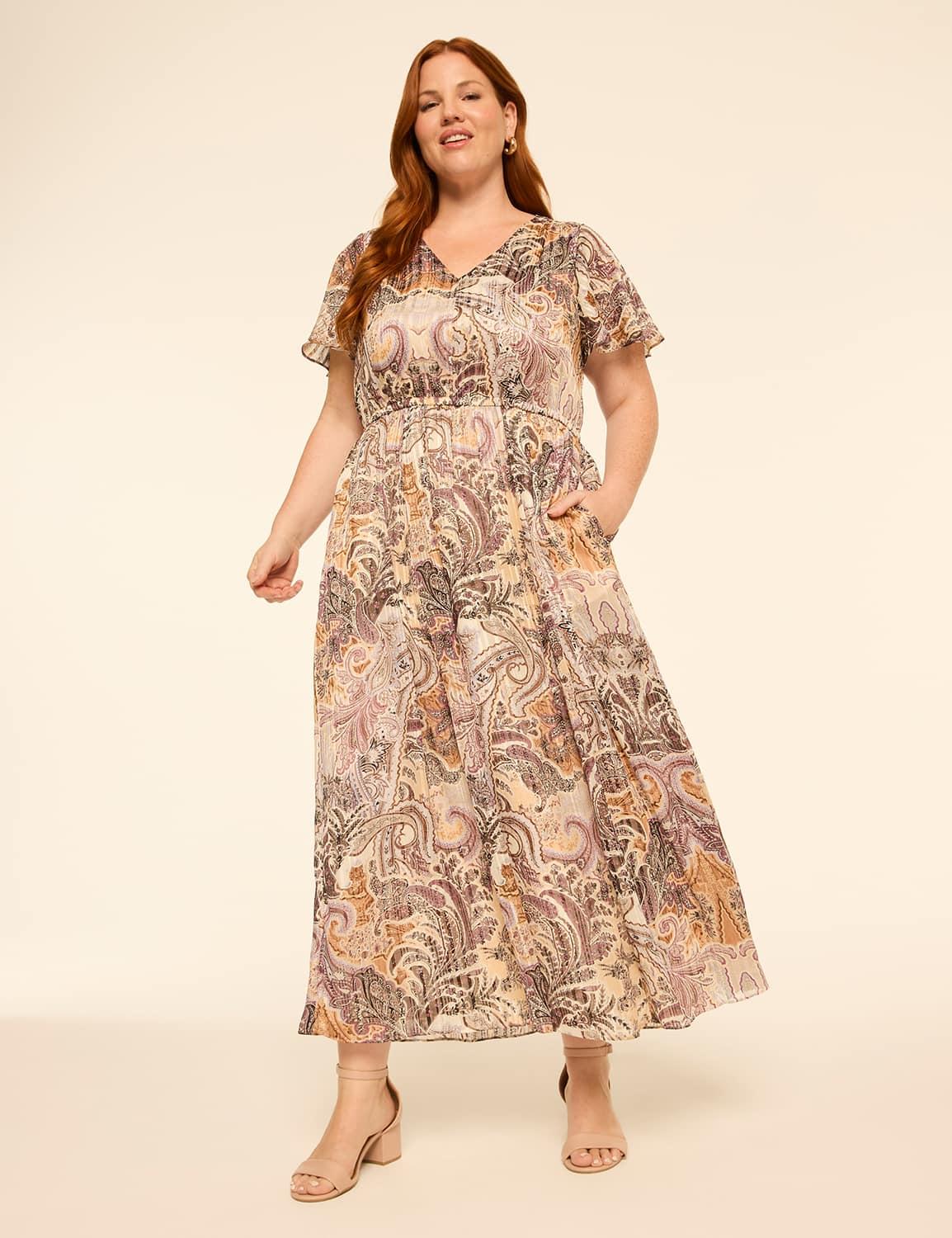 shimmer flutter-sleeve chiffon maxi dress