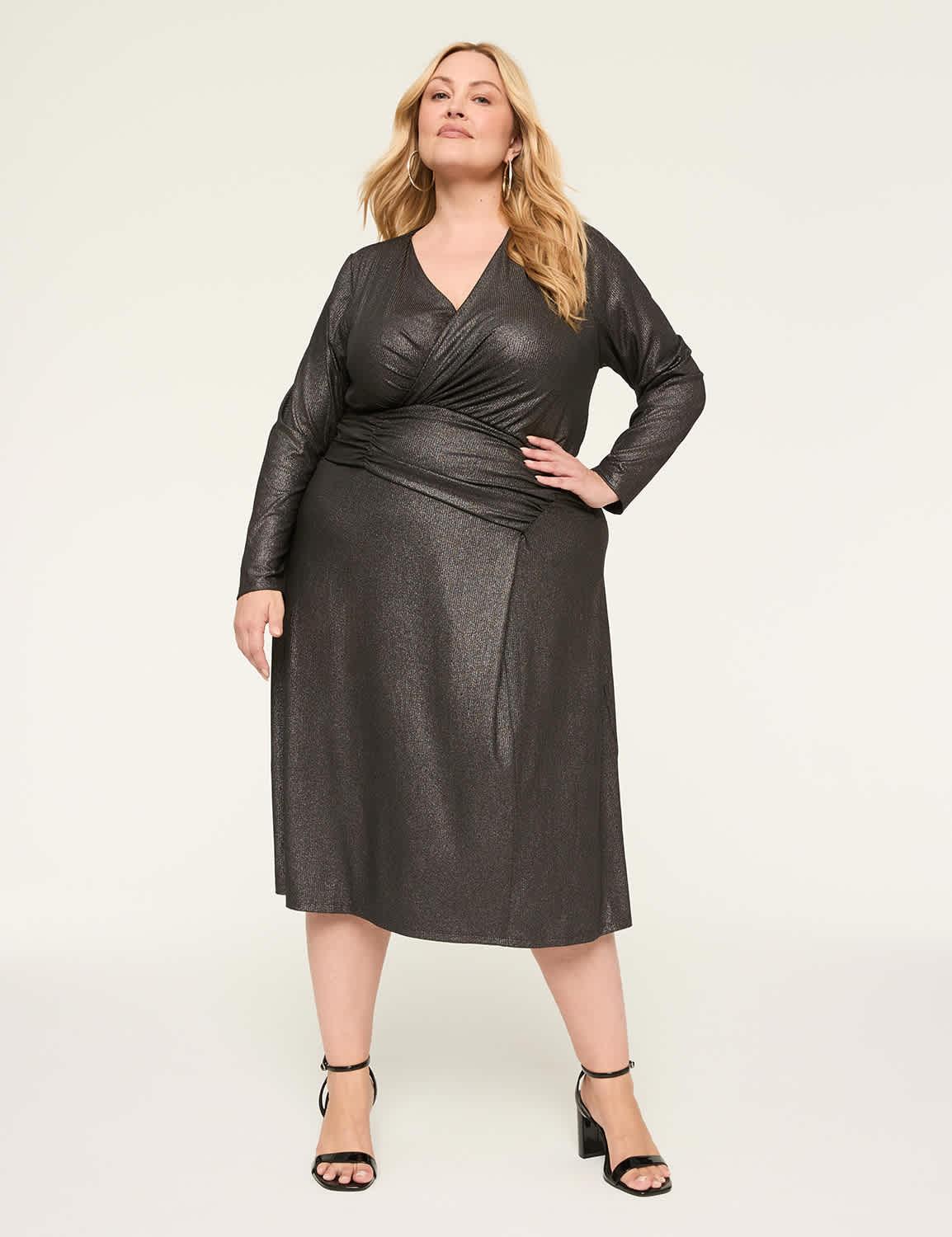 shimmer foiled faux-wrap ruched-bodice midi dress