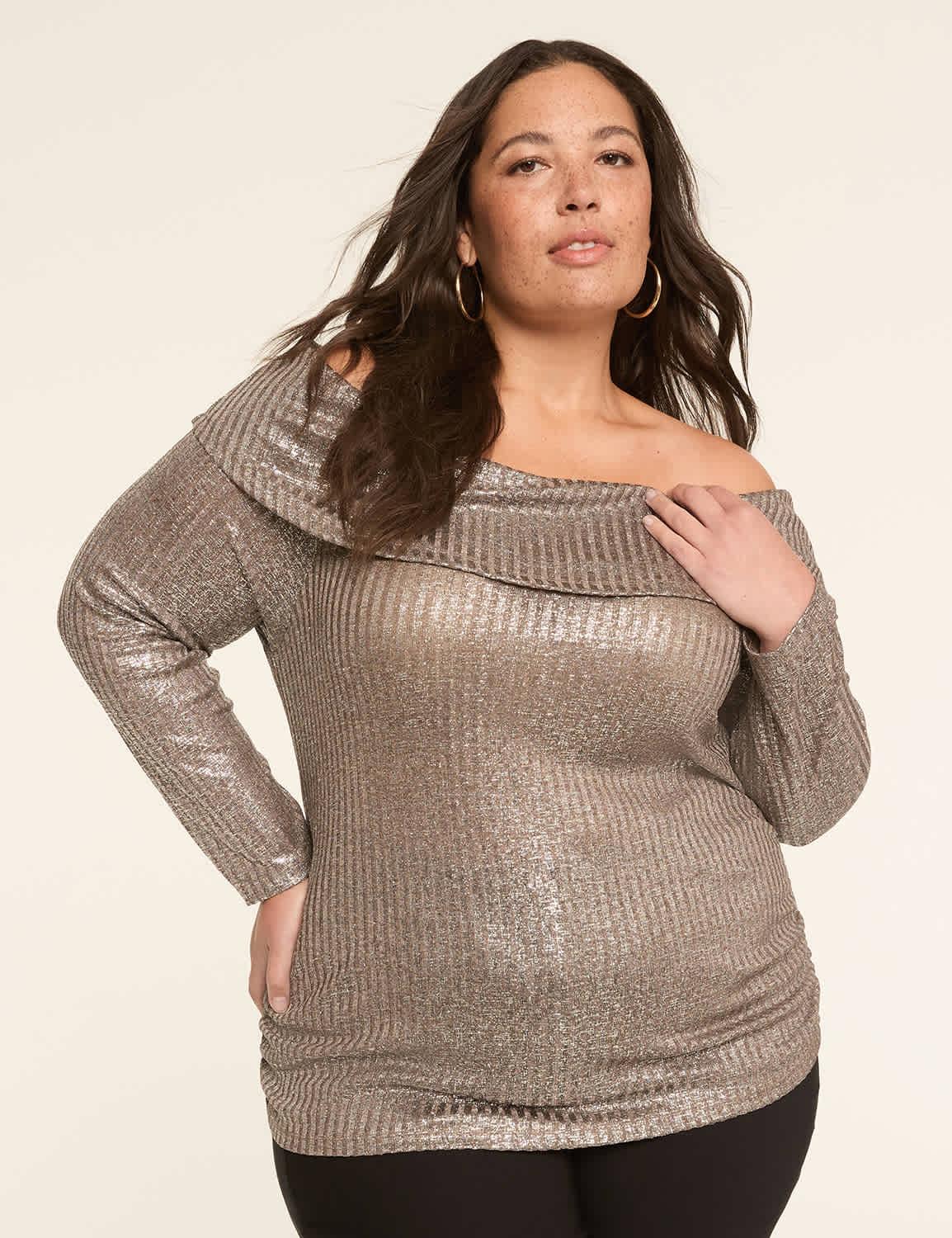 shimmer knit off-the-shoulder cozy top