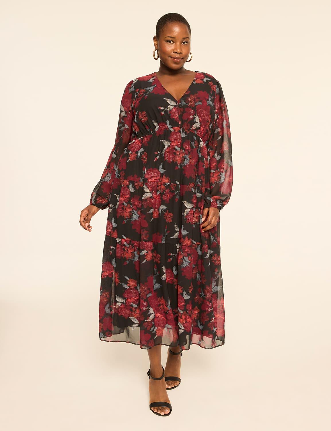 shimmer long-sleeve tiered maxi dress
