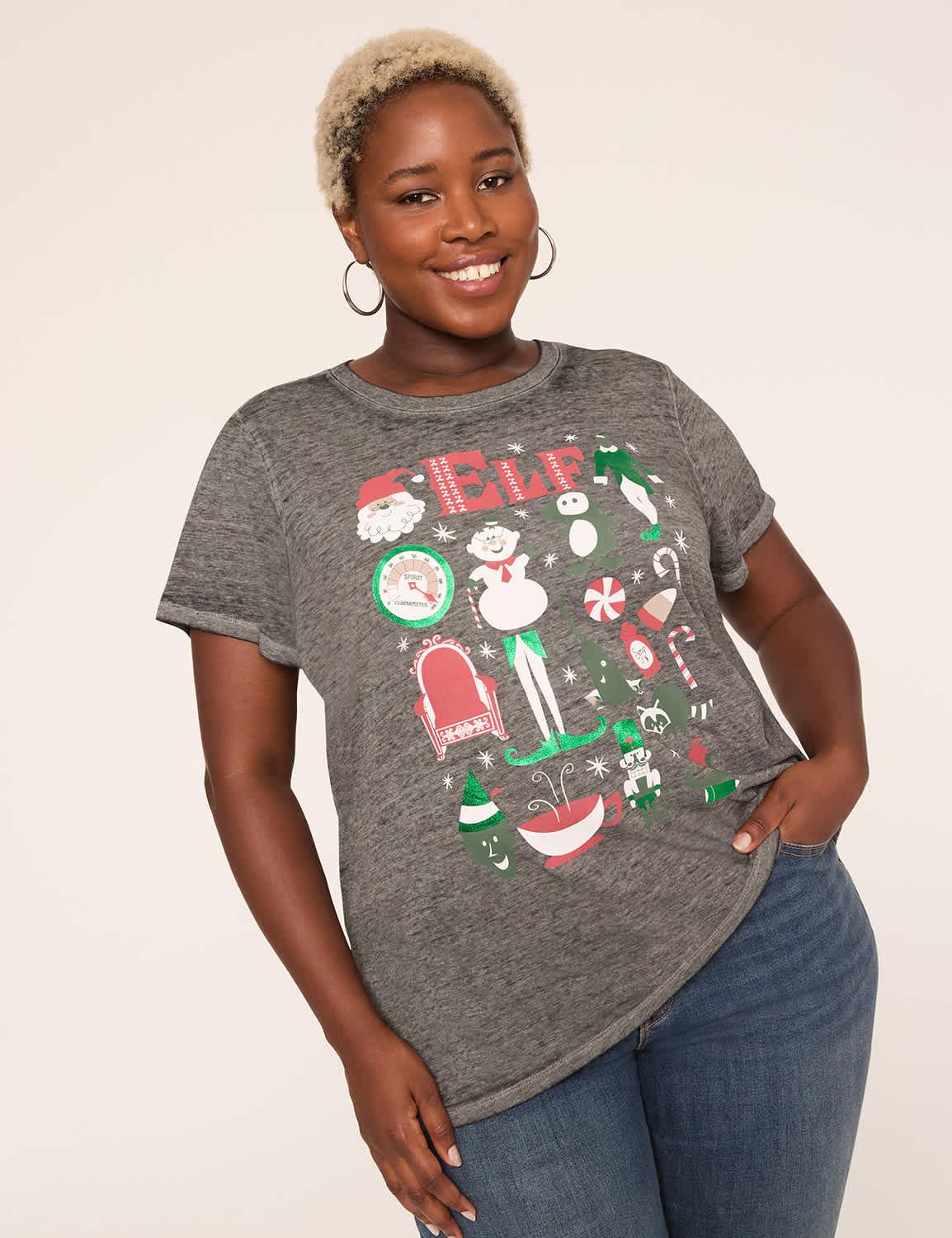 shimmery foiled elf graphic tee