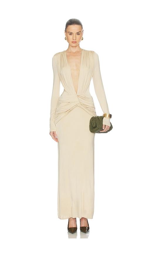 shona joy miro long sleeve plunged maxi dress in nude. - size l (also in s, xs, xl)