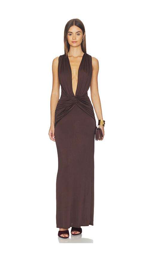 shona joy miro sleeveless plunged maxi dress in chocolate. - size l (also in s, xs, m, xl)
