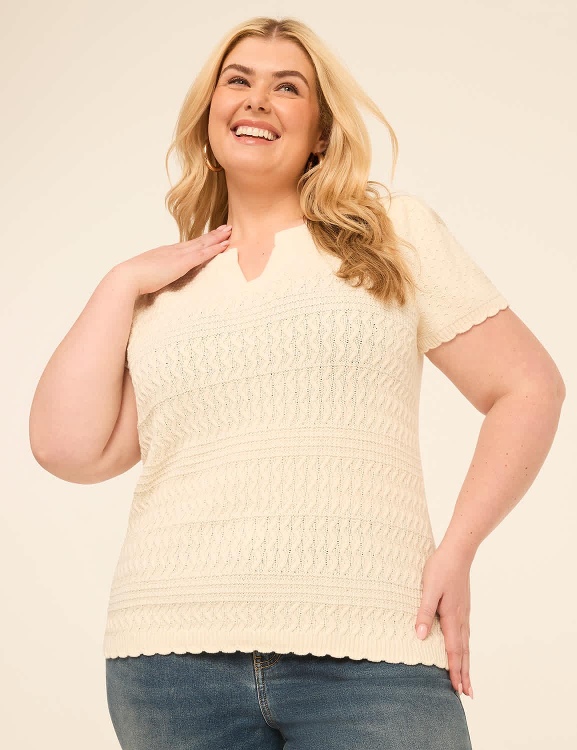 short-sleeve notch-neck pointelle-stitch sweater