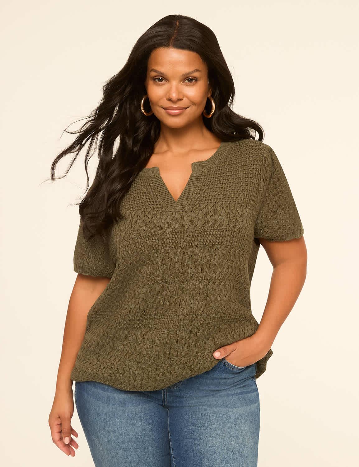 short-sleeve notch-neck pointelle-stitch sweater