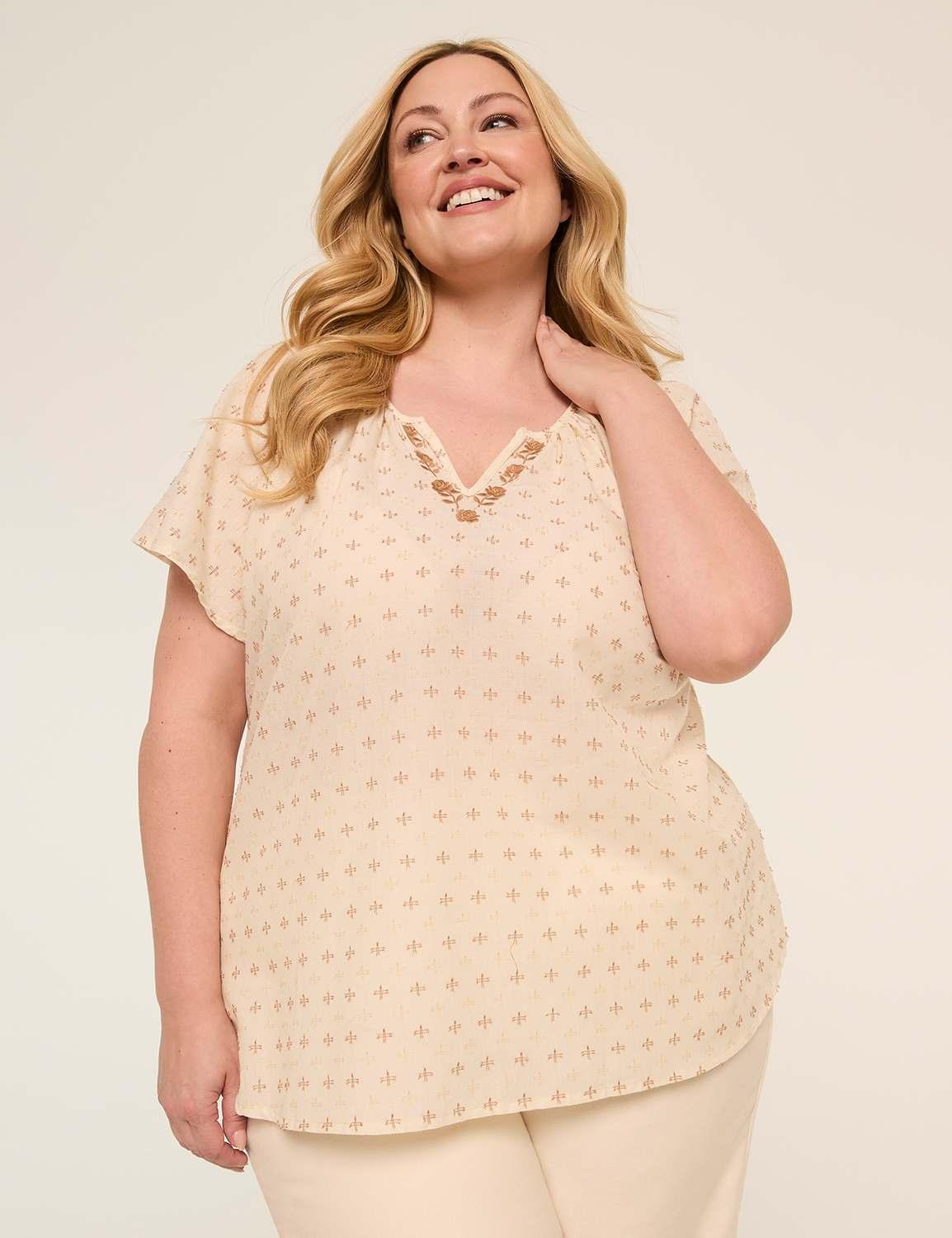 short-sleeve notch-neck popover blouse