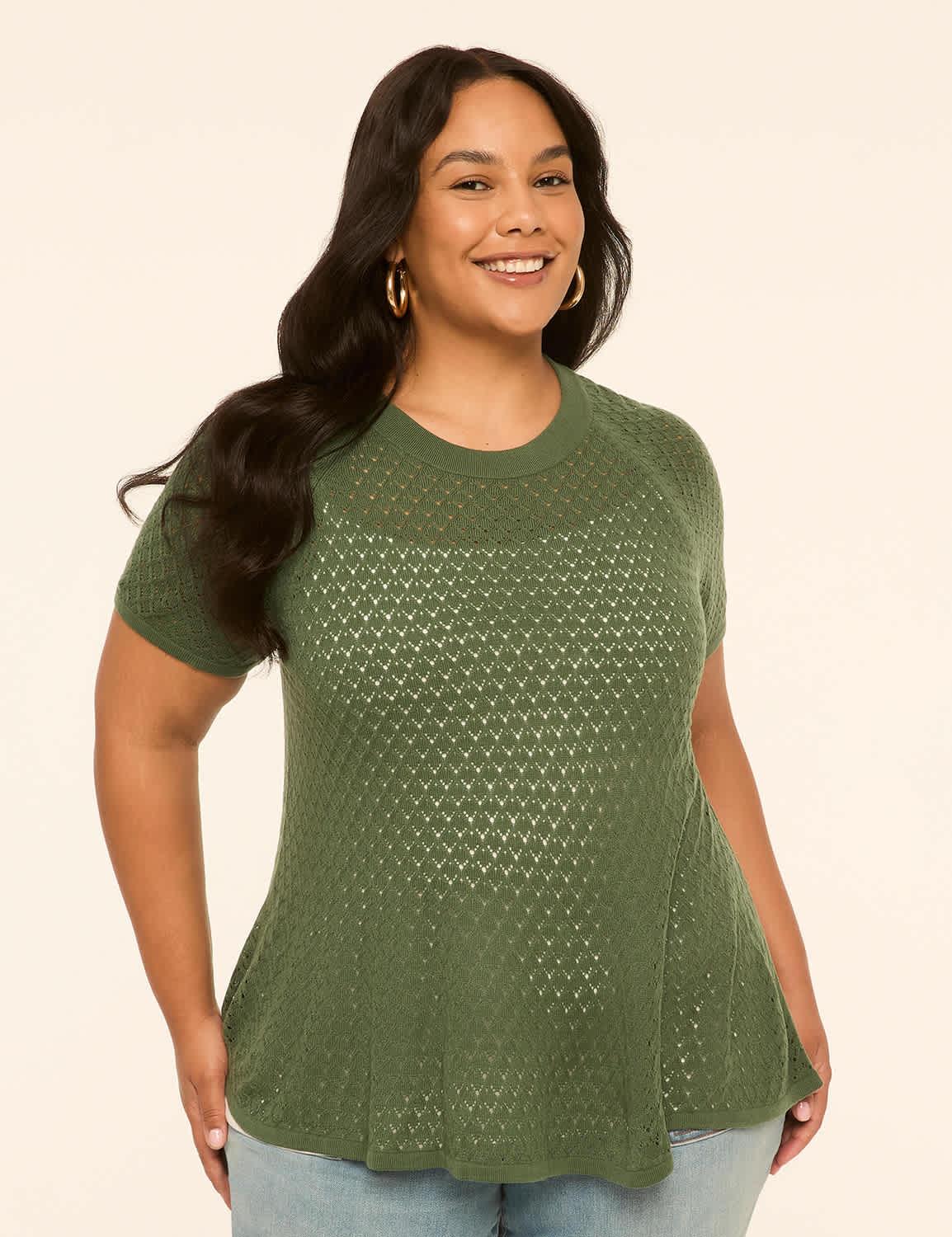 short-sleeve open-stitch peplum sweater