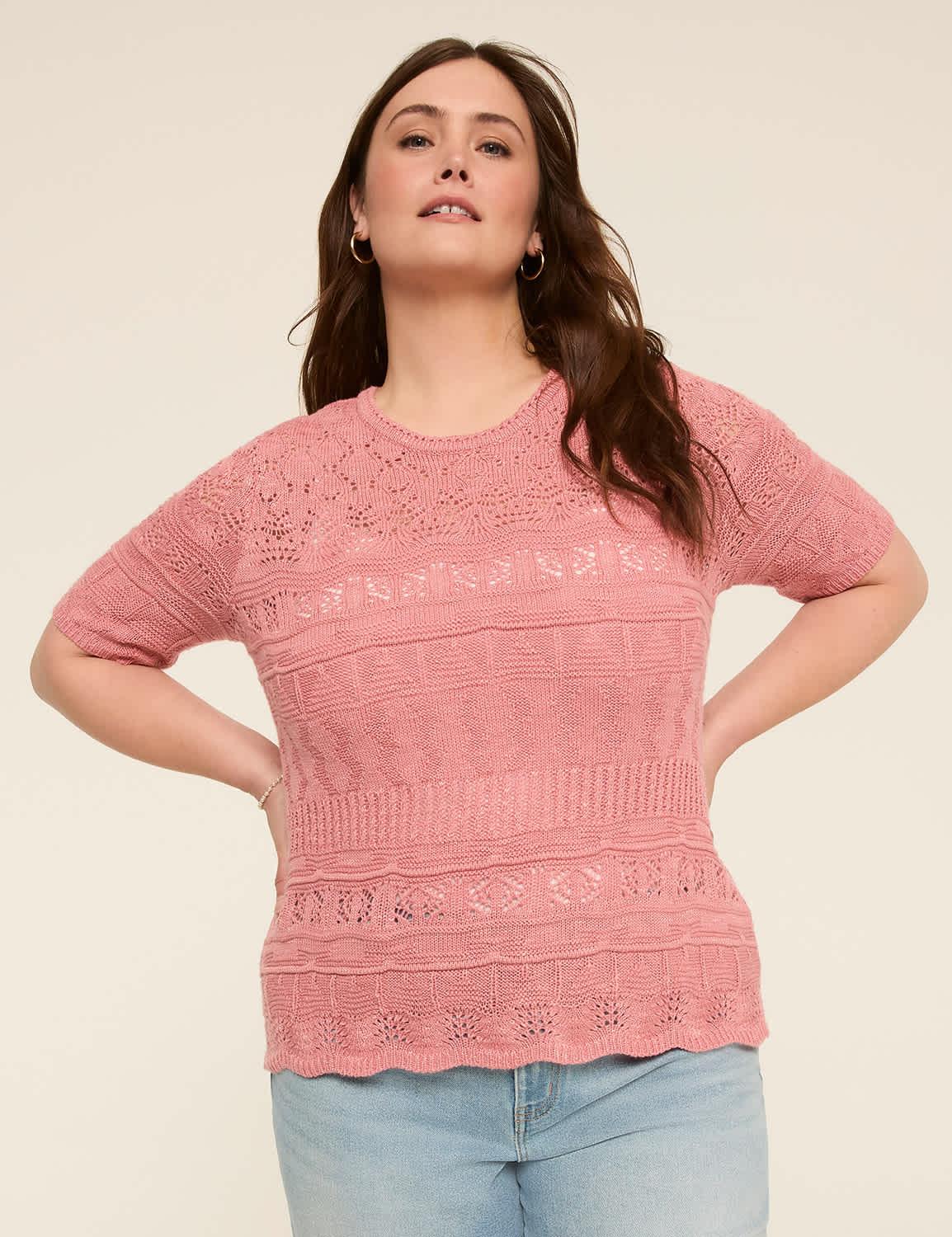 short-sleeve pointelle pullover sweater