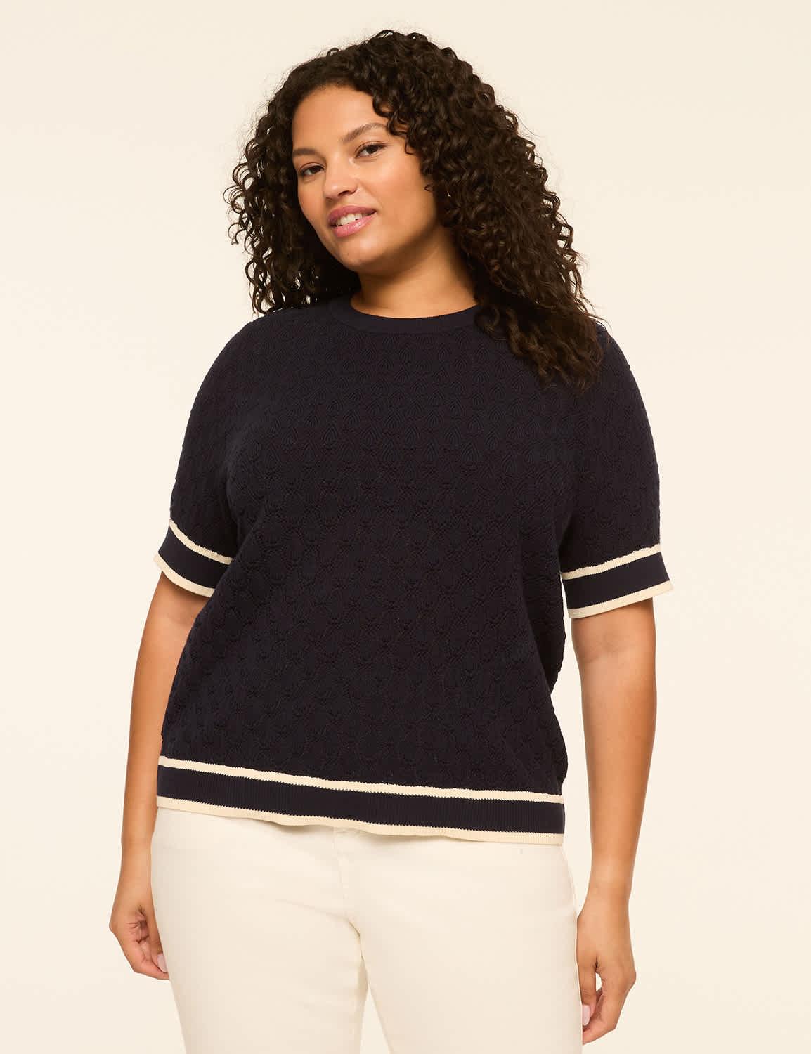 short-sleeve pointelle-stitch sweater