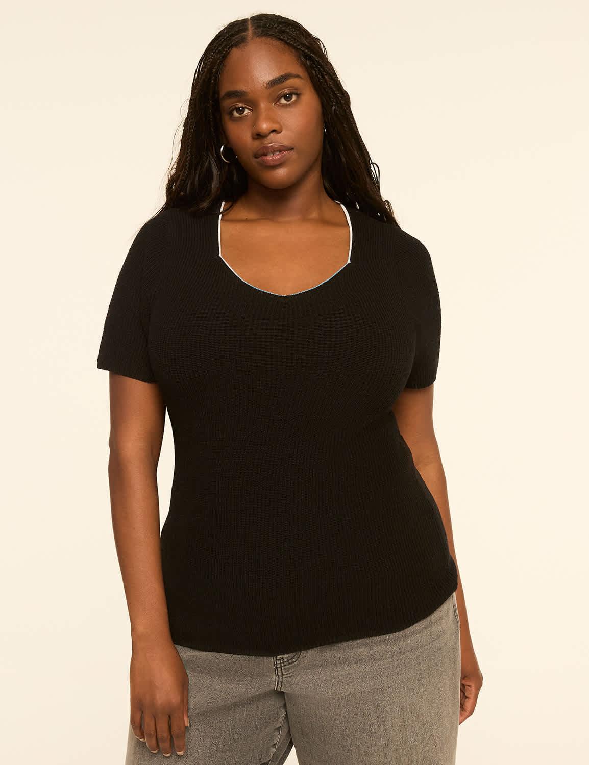 short-sleeve sweetheart-neck sweater