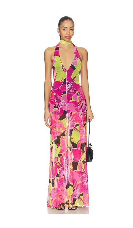 show me your mumu katia maxi dress in fuschia,green. - size l (also in s, xs, m)