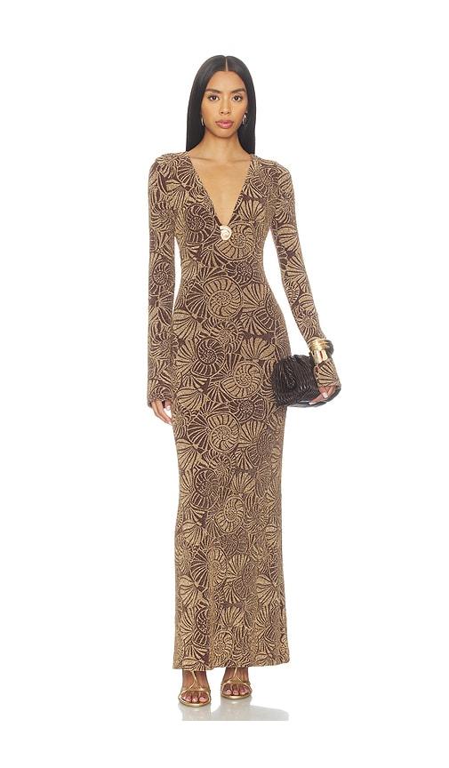 show me your mumu lopez dress in brown,metallic gold. - size s (also in xs)