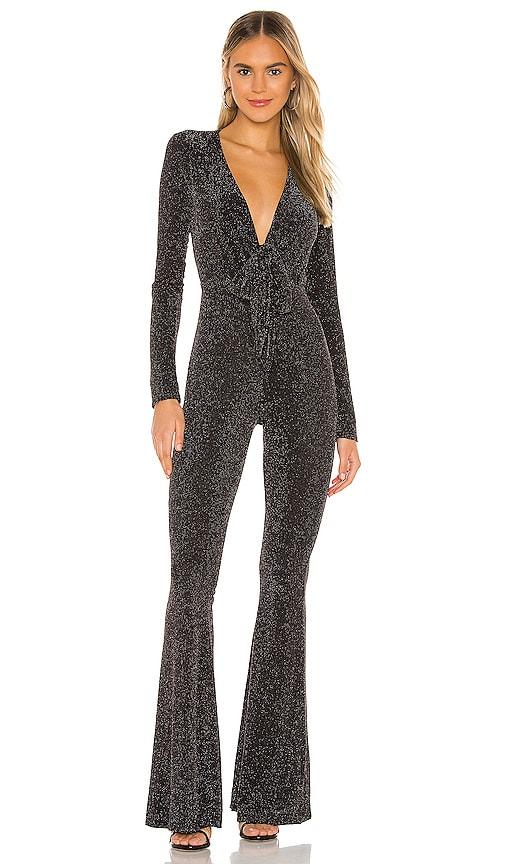show me your mumu martina jumpsuit in black,metallic silver. - size l (also in s, xl)