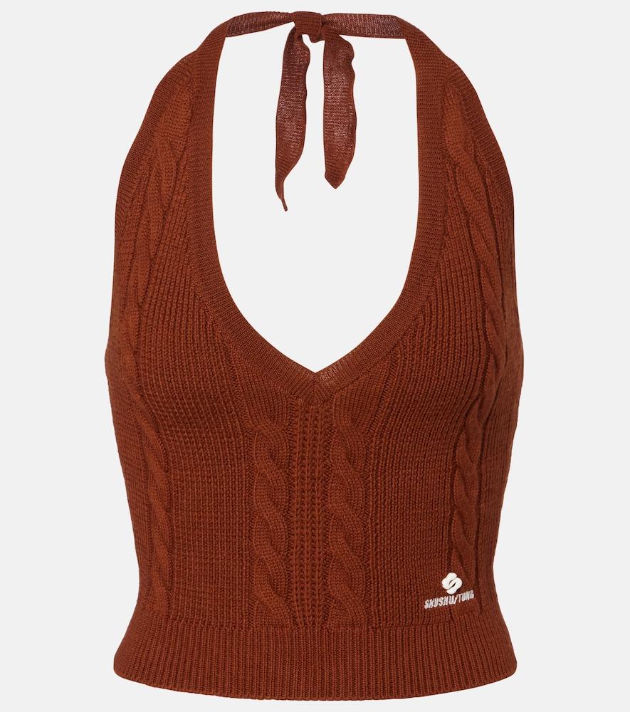 shushu/tong cable-knit halterneck wool top