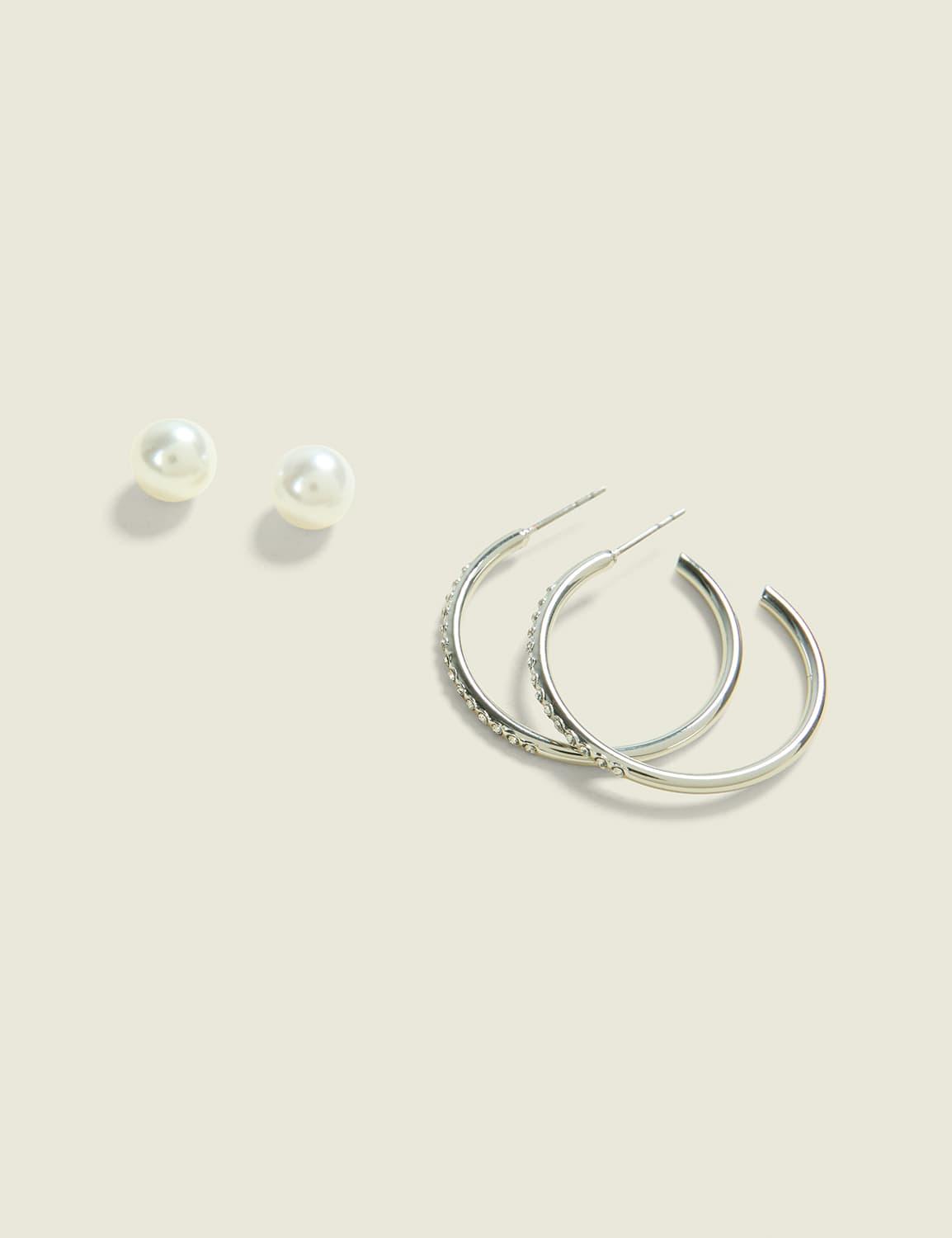silver pearl & hoop earring set