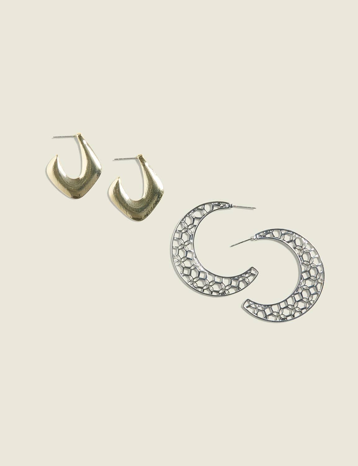 silvertone filigree & goldtone hoop earring 2-pack