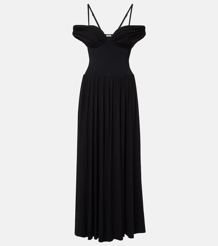 simkhai amarantha off-shoulder draped jersey maxi dress