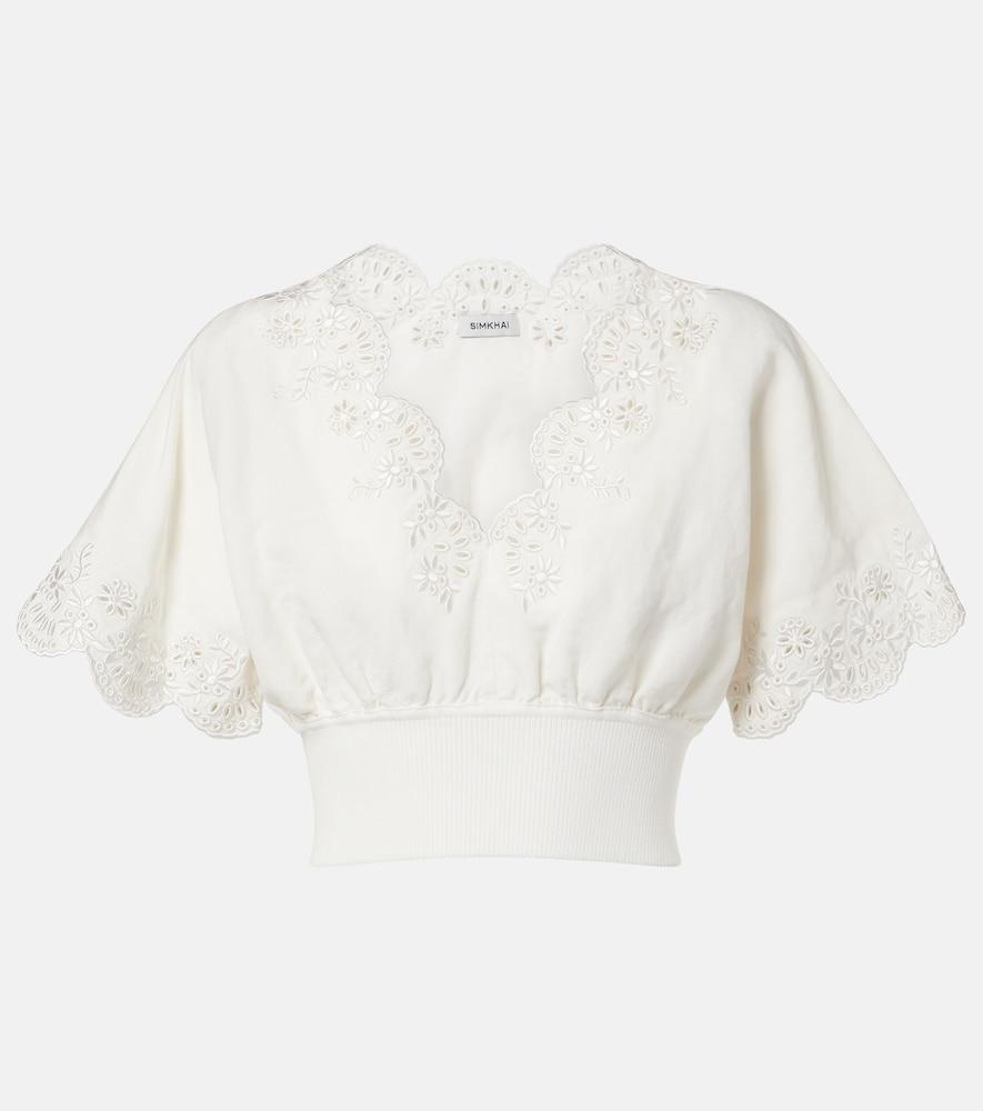 simkhai broderie anglaise linen-blend crop top