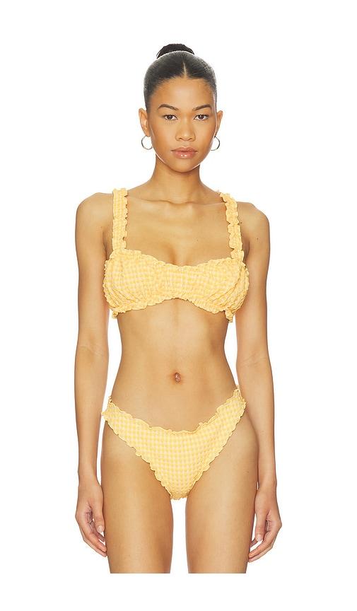 simkhai evander ruched bikini top in yellow. - size s (also in xs)