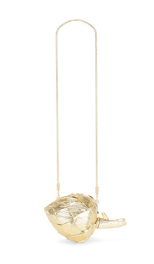 simkhai isabella clutch in metallic gold.