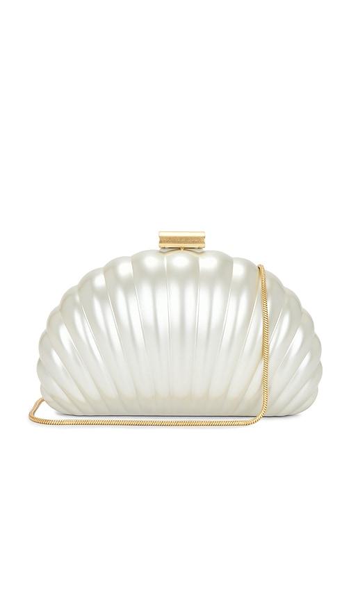 simkhai monet pearlized shell clutch in ivory.