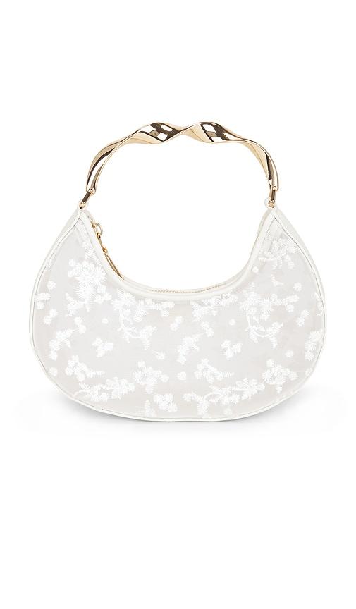 simkhai nixi floral embroidered mesh twist handle bag in white.