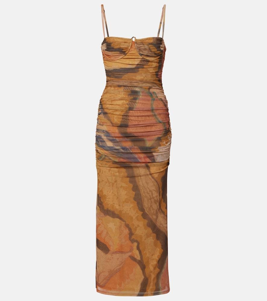 sir draped printed mesh midi dress