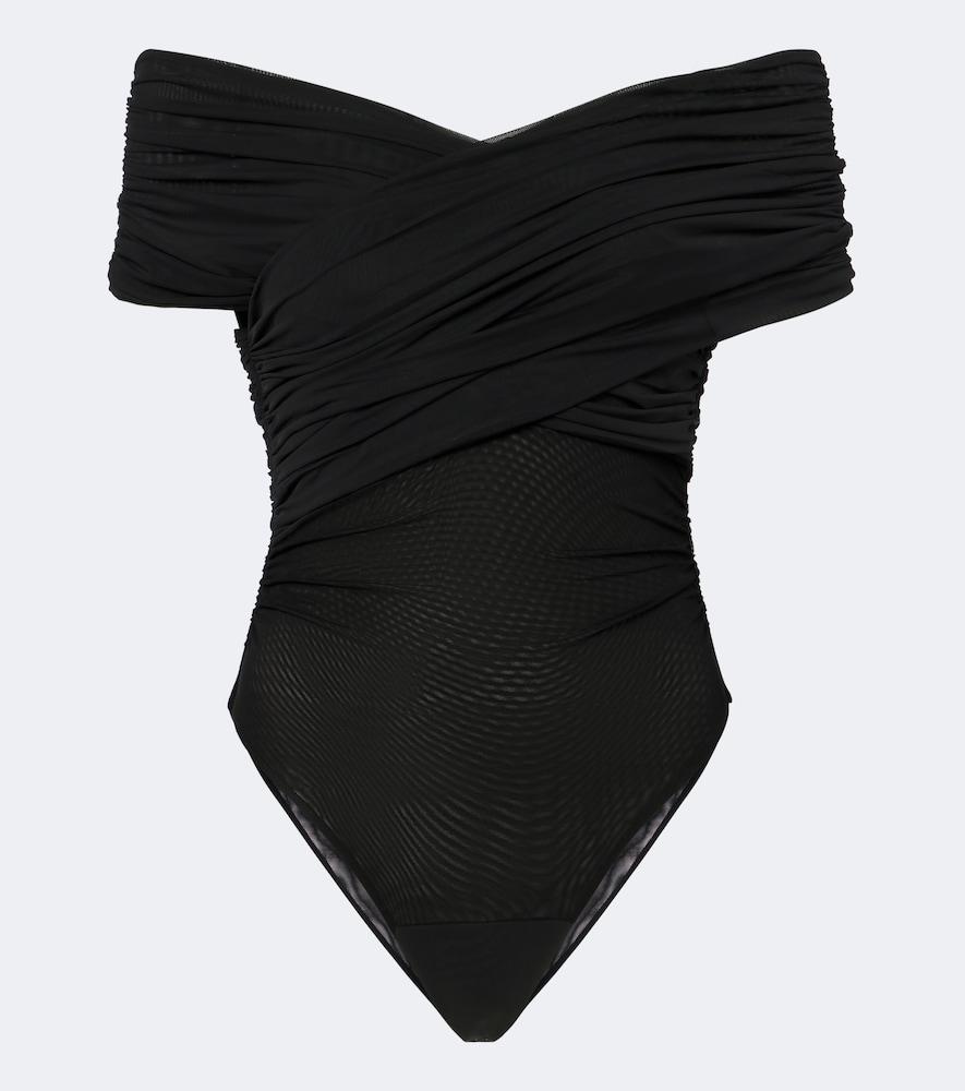 sir off-shoulder ruched mesh bodysuit