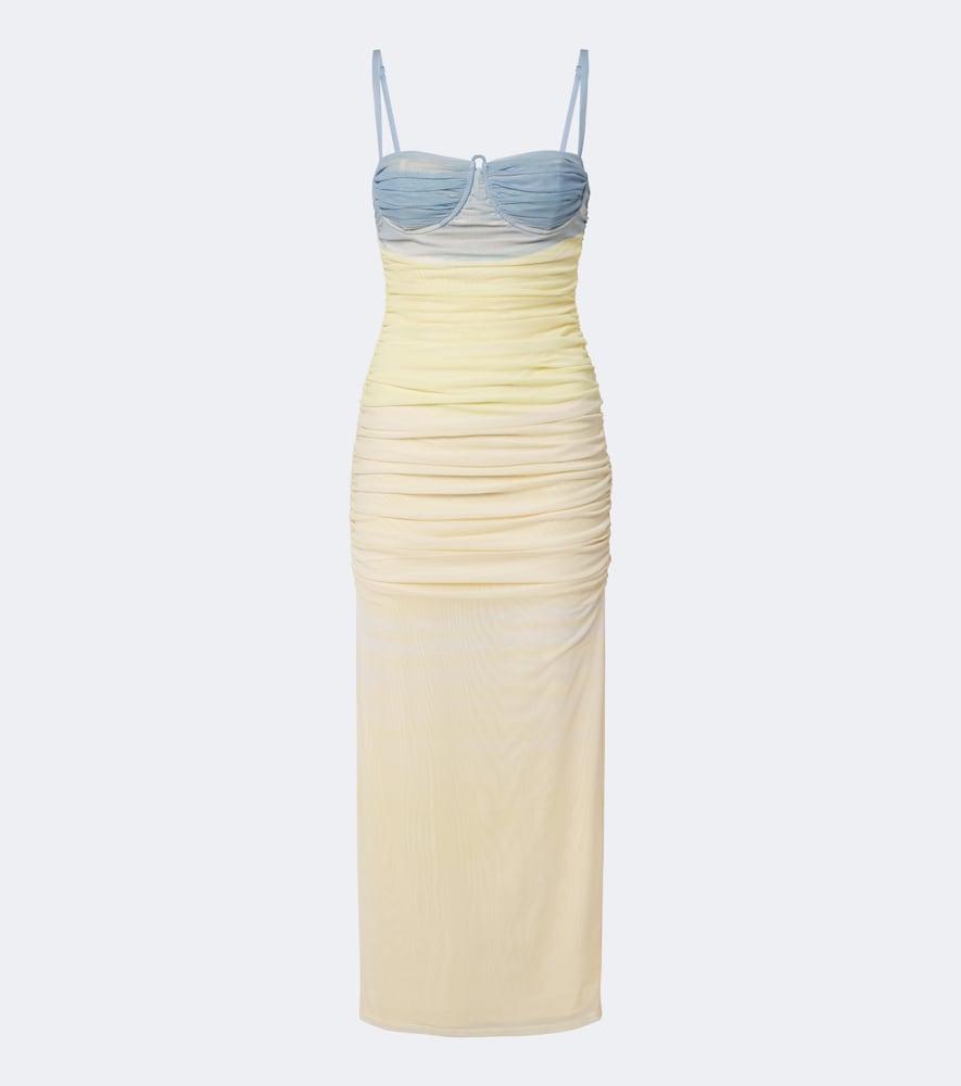 sir printed ruched mesh midi dress